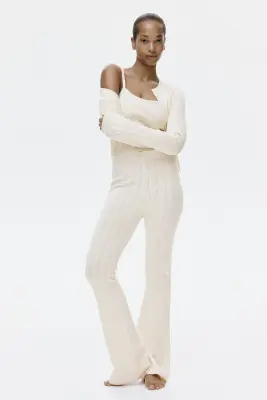 Pantalon en pointelle de viscose mélangée - Beige clair — photo 1
