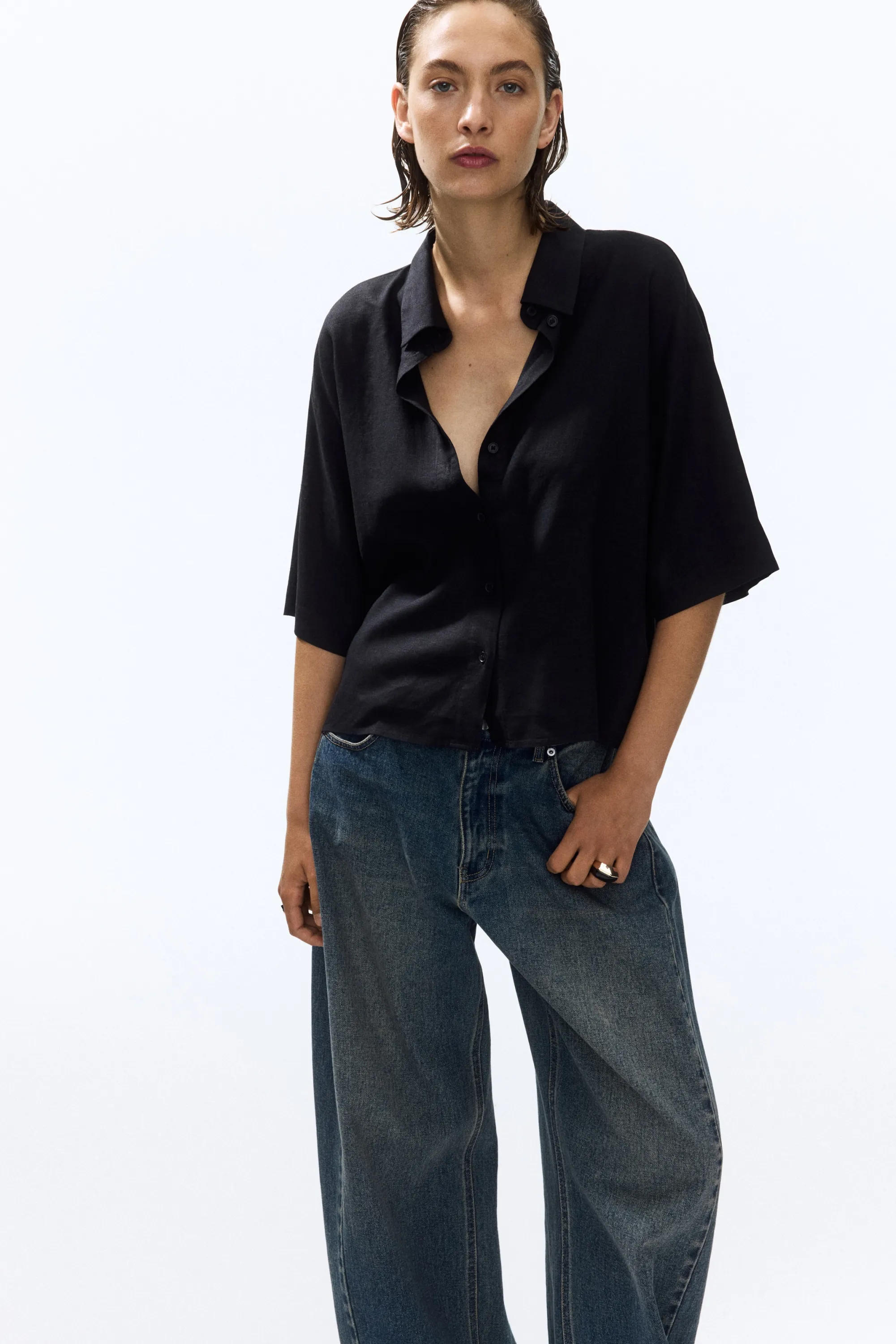Chemise oversize en lin mélangé - Noir