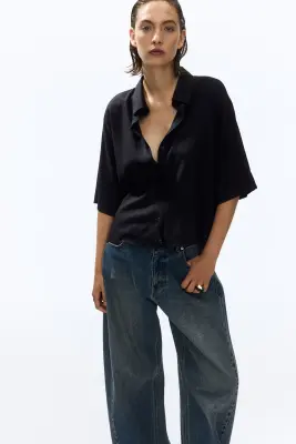 Chemise oversize en lin mélangé - Noir — photo 1