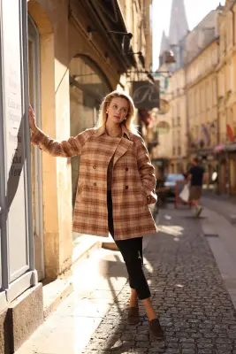 Francine Short Trench Coat - Brown plaid — photo 4