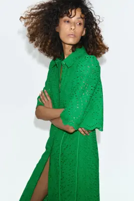 Robe chemise en coton avec broderie anglaise - Vert — photo 2