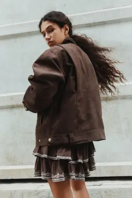 Veste oversize de style motard - Marron foncé — photo 4