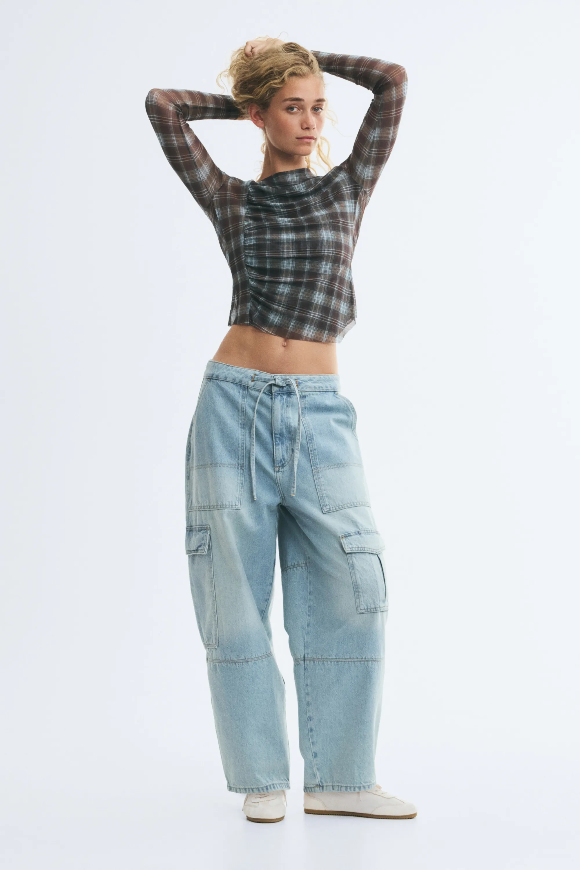 Top asymétrique en mesh - Marron/carreaux