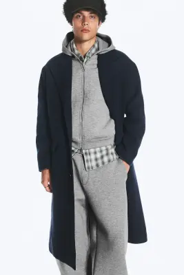 Manteau oversize en laine mélangée à boutonnage simple - Bleu foncé chiné — photo 1