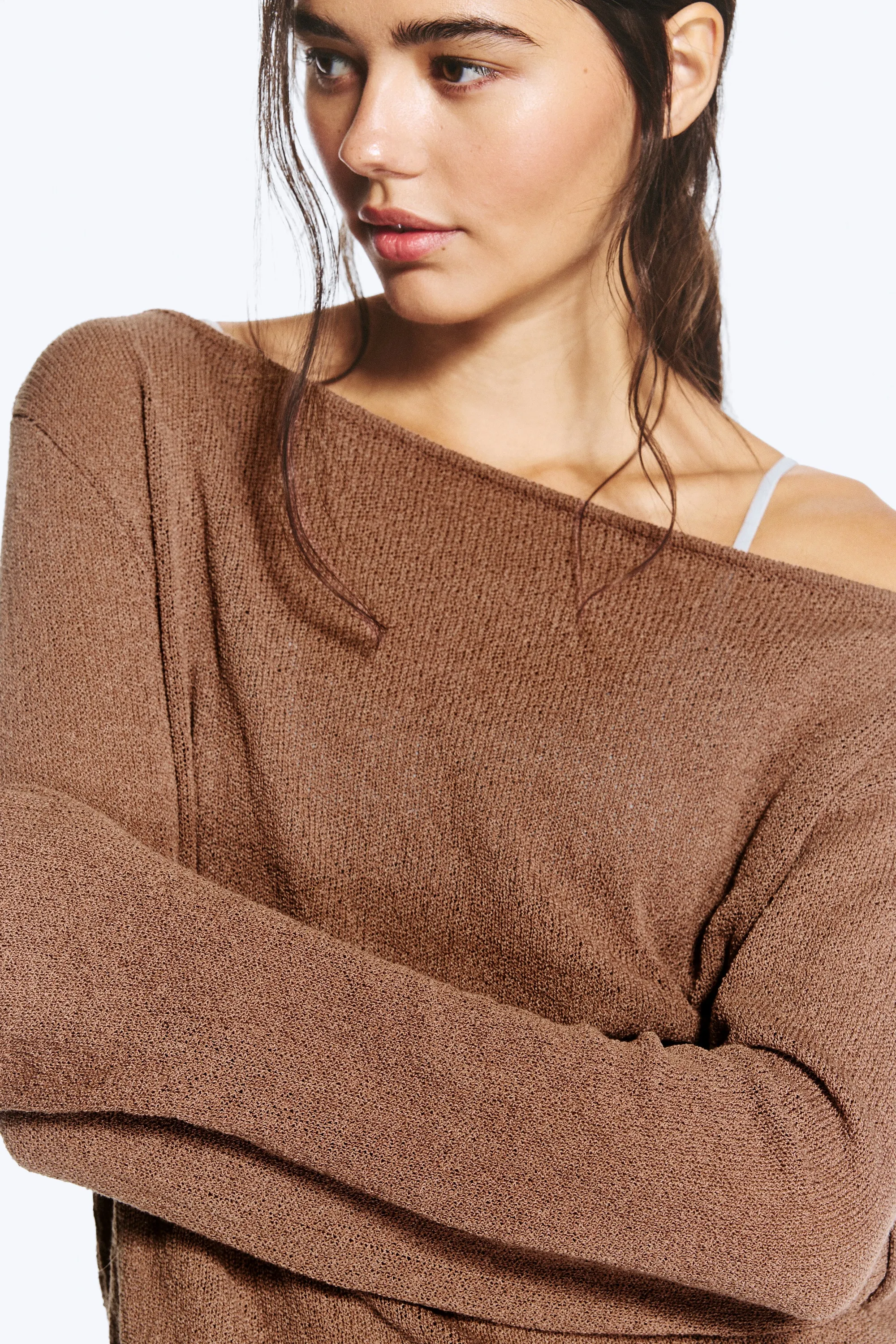 Pull en maille décontracté col bateau - Marron