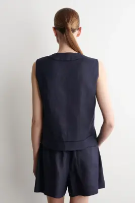 GILET EN LIN À FINITION BRODÉE - BLEU MARINE — photo 4
