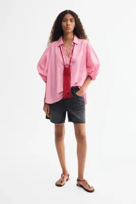 Blouse à manches bouffantes avec liens à nouer - Rose — photo 1