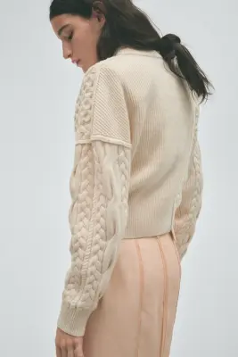 Pull à épaulettes en maille torsadée - Crème — photo 2