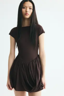 Robe bi-matière avec panneau drapé - Marron foncé — photo 2