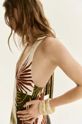 Robe dos nu en lin - Blanc/feuilles de palmier — photo 3