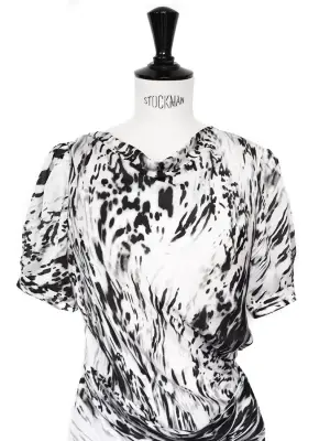 Robe drapée en soie imprimé graphique noir blanc gris Px boutique 1400€ Taille 34 — photo 3