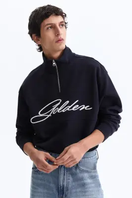 Sweat Relaxed Fit avec col zippé - Noir/Golden — photo 1