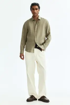 Chemise Slim Fit en lin - Vert kaki — photo 2