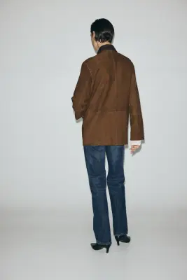 Veste en cuir velours avec col - Marron — photo 3