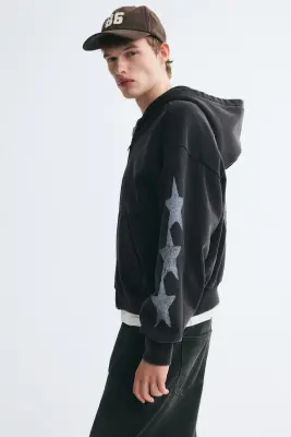 Veste imprimée Oversized Fit avec capuche et zip - Noir délavé/K.O — photo 4