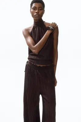 Pantalon froissé avec taille élastique - Marron foncé — photo 1