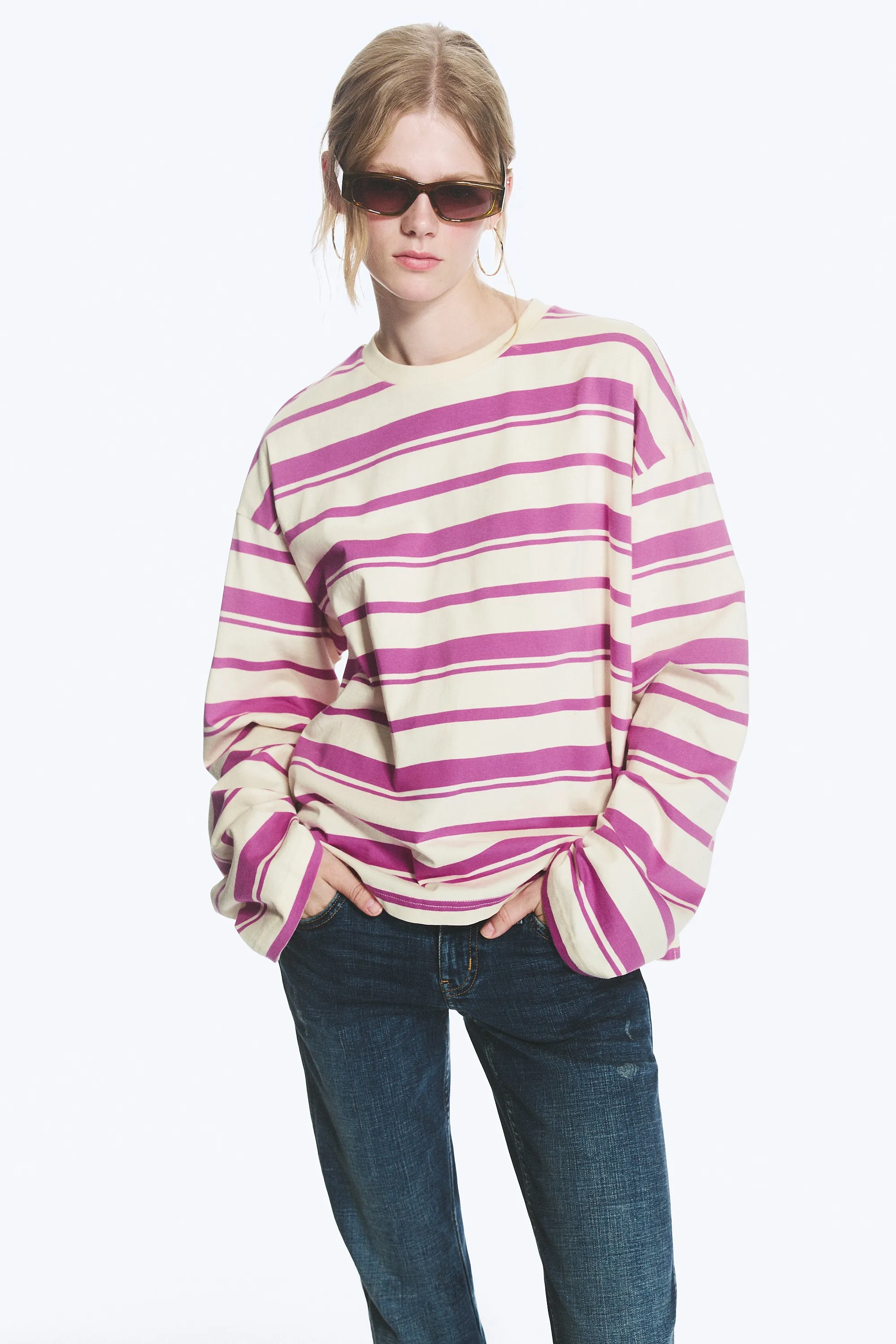 T-shirt en coton à manches longues - Blanc rayé/rose