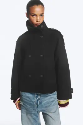 Veste en laine mélangée à col cheminée - Bleu foncé — photo 2