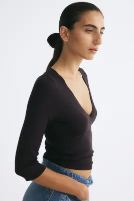 Top à encolure en V en viscose - Marron foncé — photo 2
