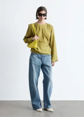 Blouse froncée avec ceinture à nouer - Vert olive — photo 2