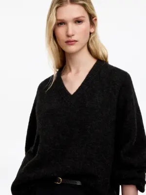 Pull col V en mélange de laine et d'alpaga - Gris foncé — photo 3