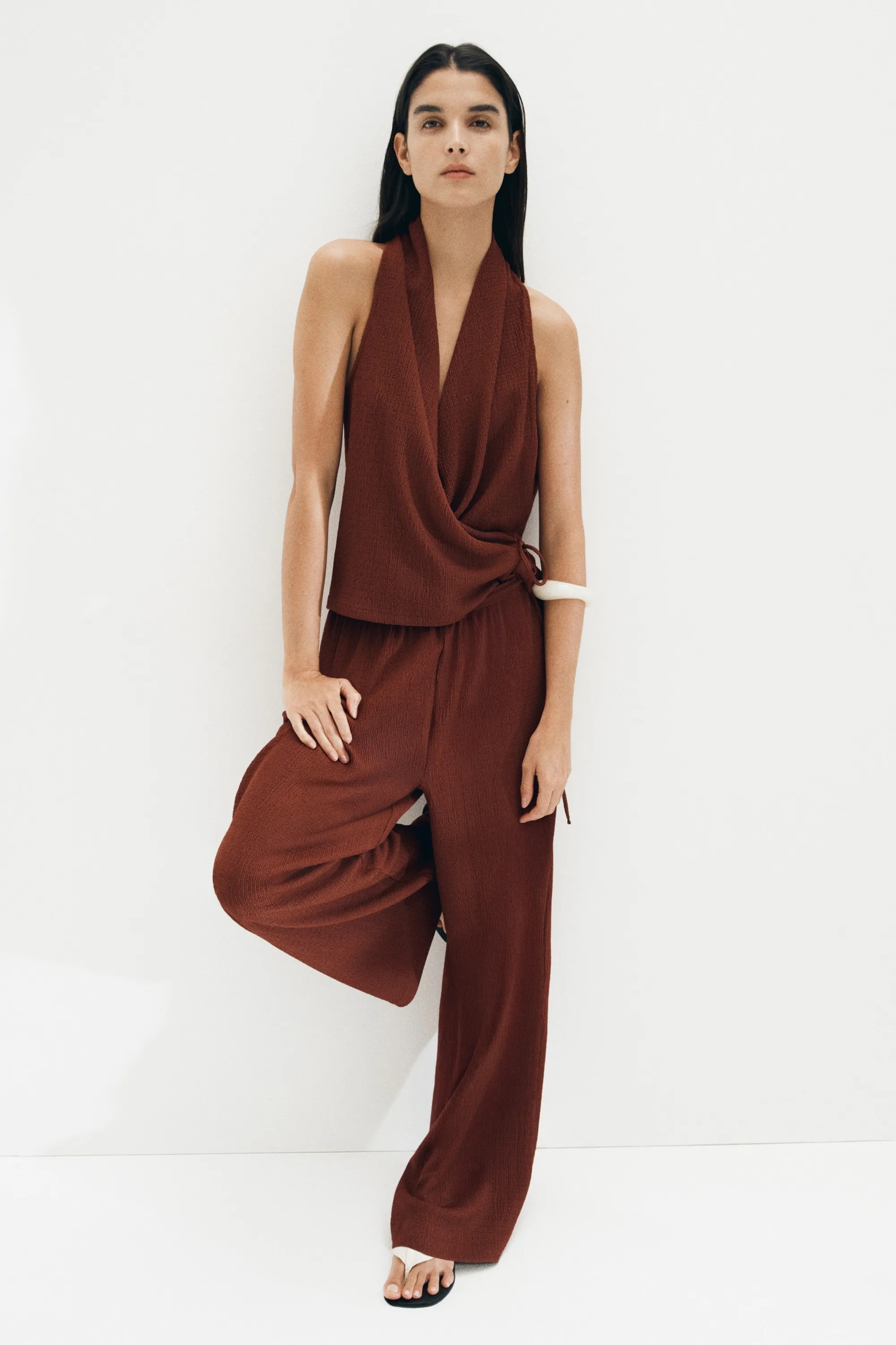 Pantalon texturé avec cordon de serrage - Brun rouille