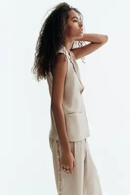 Gilet sans manches en lin mélangé - Beige clair — photo 3