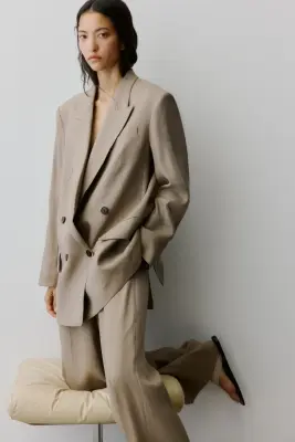 Blazer oversize en lin mélangé - Beige — photo 4