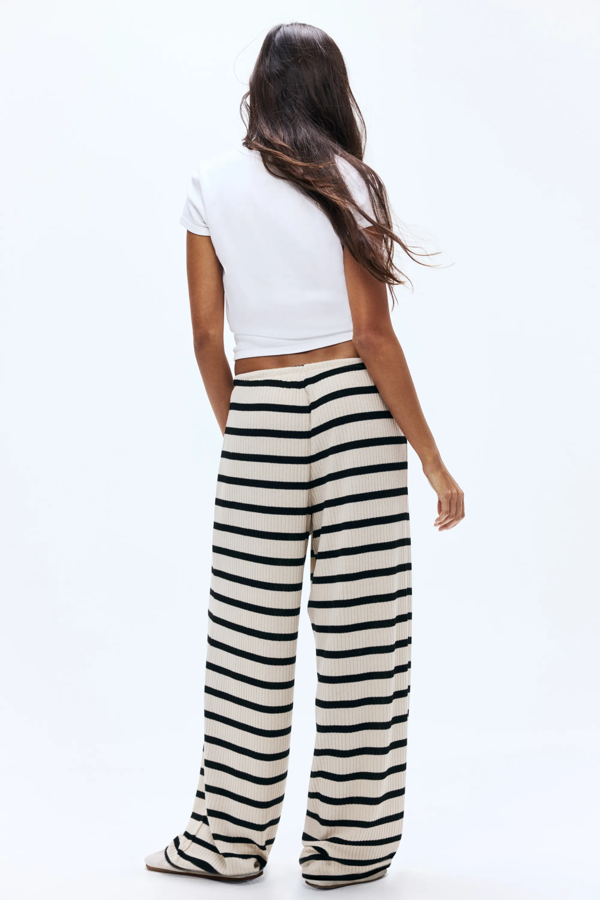 Pantalon large en maille côtelée - Beige clair/rayé