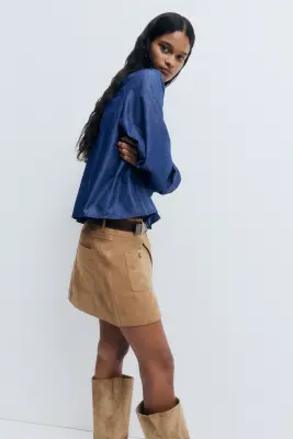 Blouse volantée en denim - Bleu denim foncé — photo 2