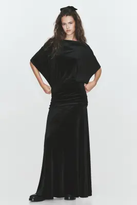 Robe froncée en velours - Noir — photo 3