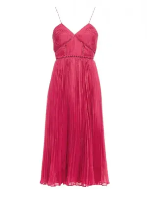 Robe midi en mousseline de soie plissée et dentelle rose fuchsia à fines bretelles Prix public $500 Taille 36 — photo 1