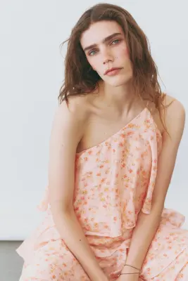Robe asymétrique à étages en lin mélangé - Rose clair/fleuri — photo 3