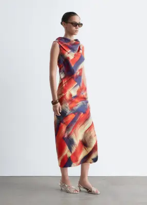 Scarf-Detail Midi Dress - Rouge/Imprimé — photo 3