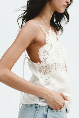 Top en lin mélangé avec dentelle - Blanc — photo 2