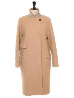 Manteau long droit col V manches matelassées en laine marron camel Prix boutique 2500€ Taille 36/38 — photo 2