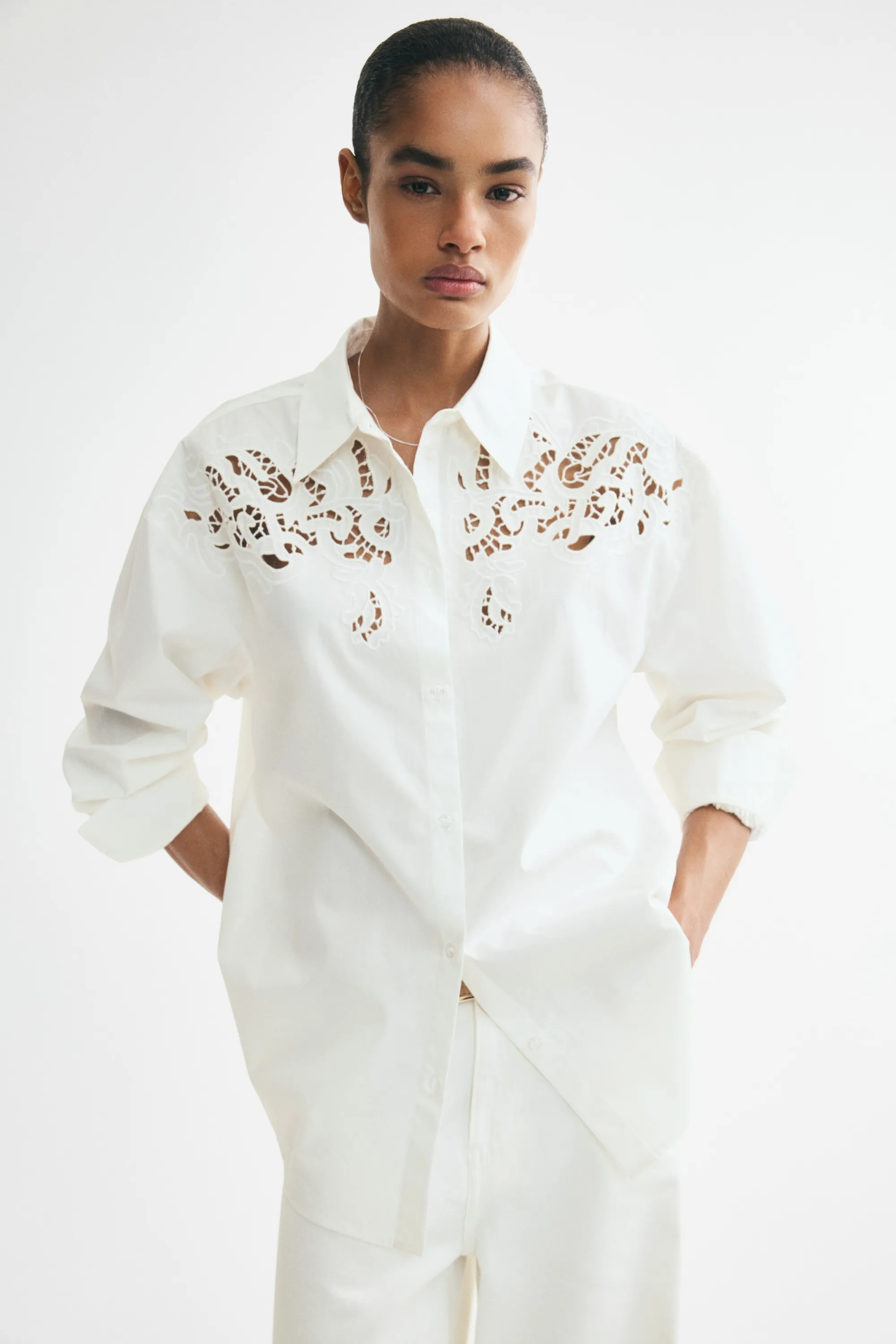 Chemise oversize avec broderie anglaise - Blanc