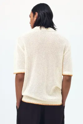 Chemise à col cubain Relaxed Fit en maille ajourée - Crème/palmier — photo 3
