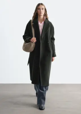 Manteau volumineux en laine avec ceinture - Vert foncé — photo 3