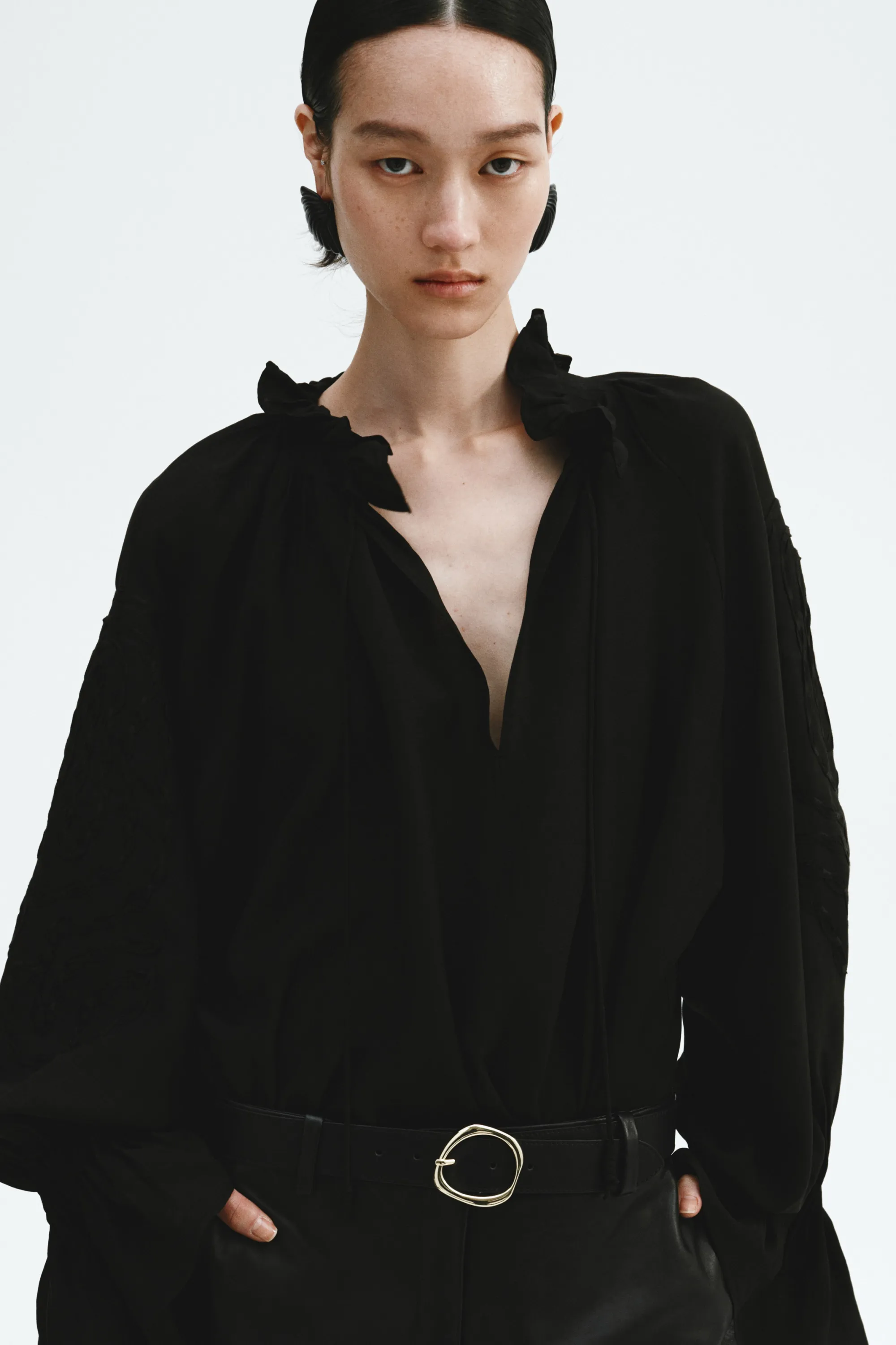 Blouse brodée en lin mélangé - Noir