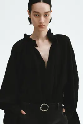 Blouse brodée en lin mélangé - Noir — photo 1