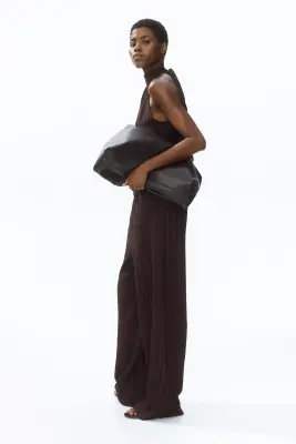 Pantalon froissé avec taille élastique - Marron foncé — photo 3