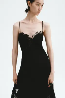 Robe en lin mélangé avec dentelle - Noir — photo 2
