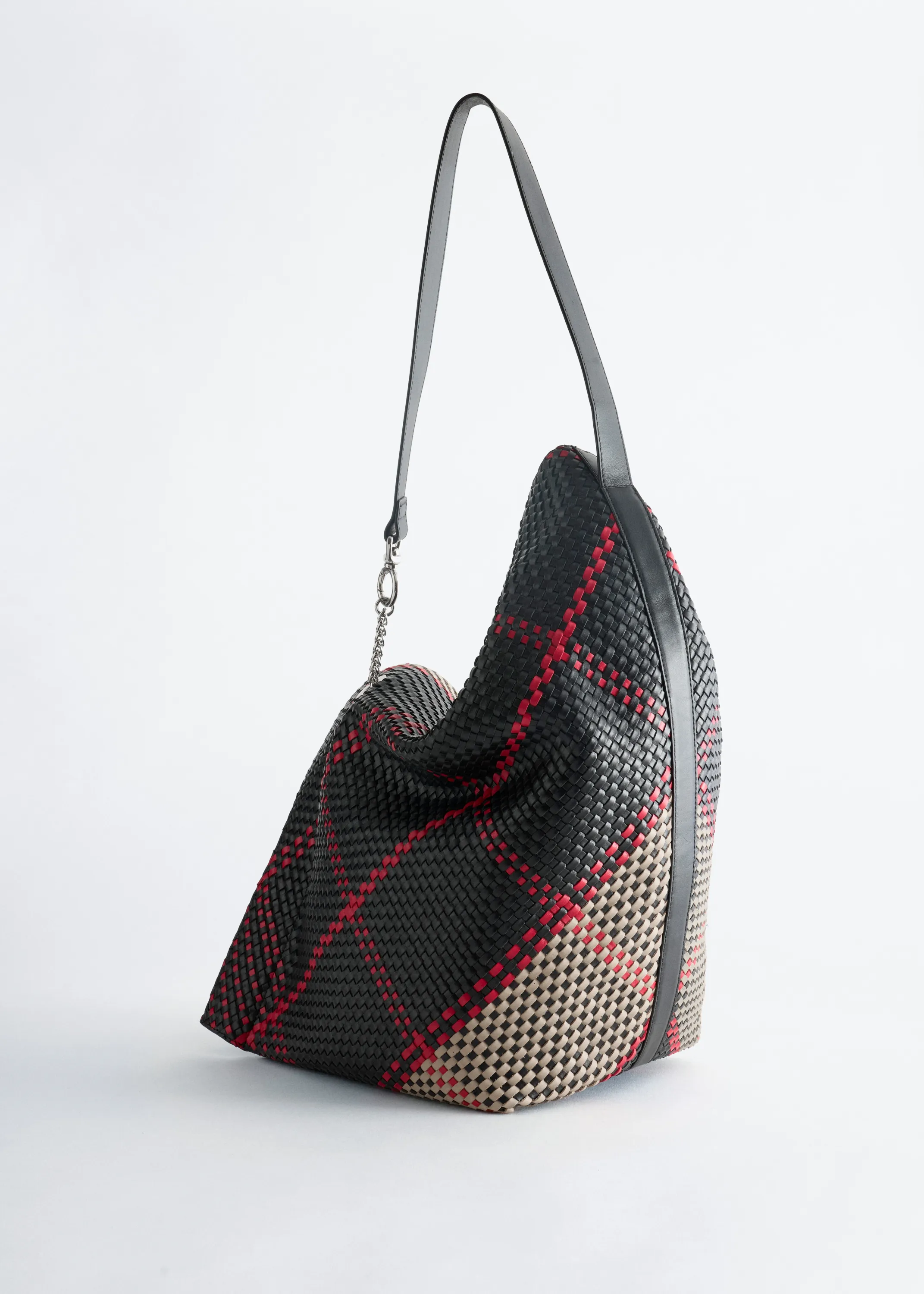 Sac porté épaule en cuir tressé - Rouge/Beige/Noir