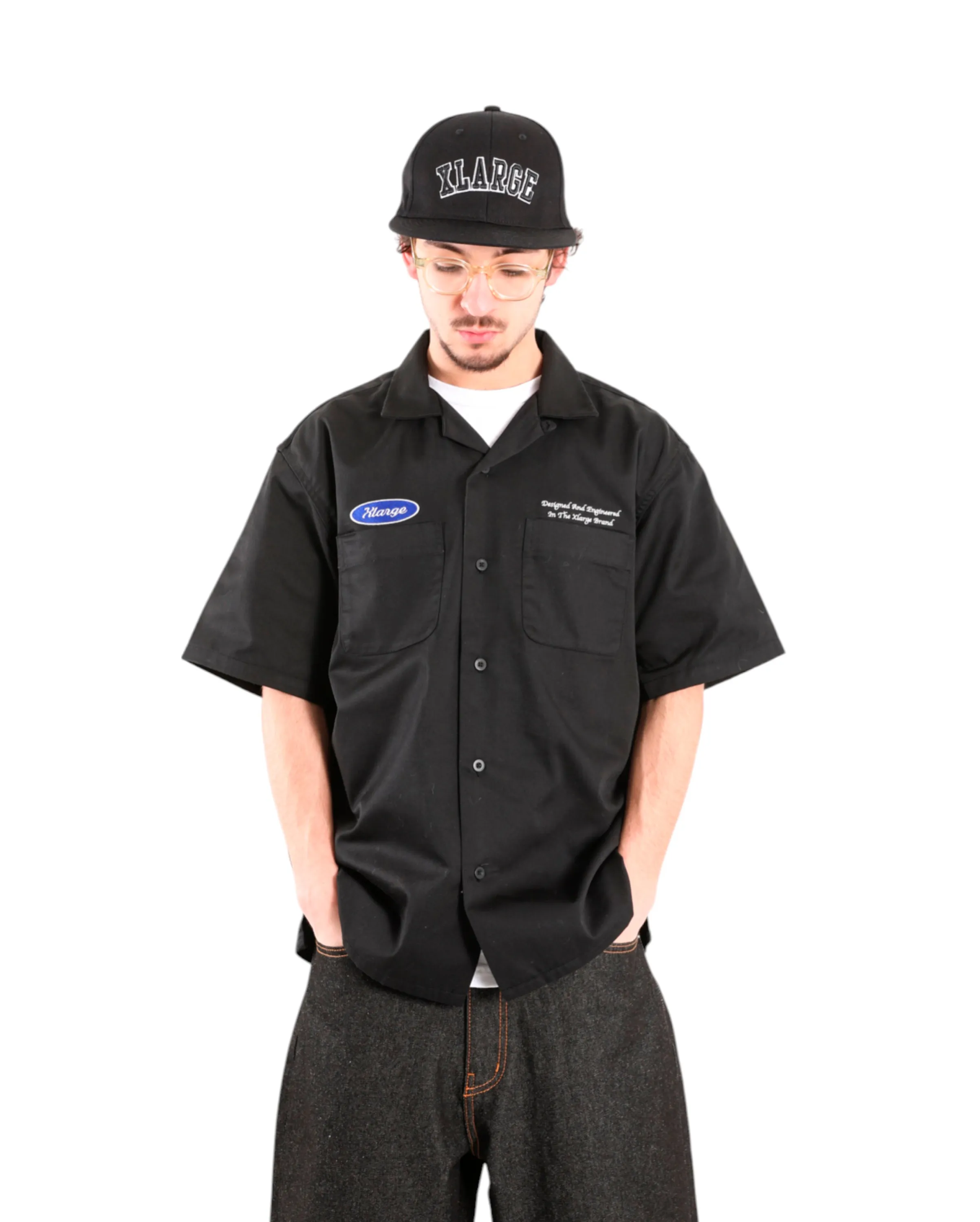Embroided Short Sleeve Work Shirt Black