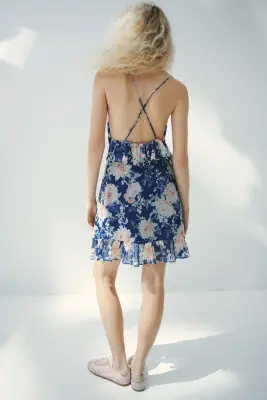 Robe volantée en mousseline - Bleu foncé/fleuri — photo 2