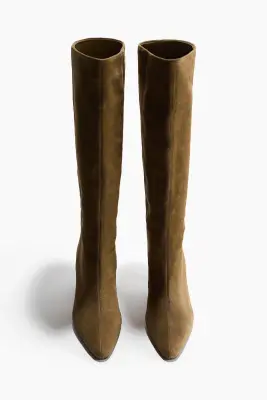 Bottes de hauteur genou en cuir velours fendu - Beige foncé — photo 1