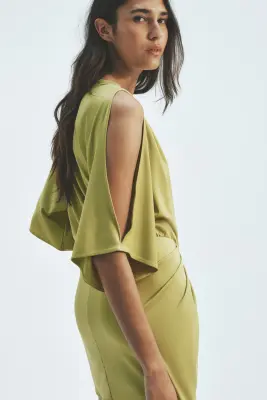 Robe épaules dénudées à effet drapé - Vert olive — photo 2