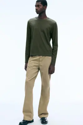 T-shirt en coton rétréci à manches longues - Vert kaki foncé — photo 1