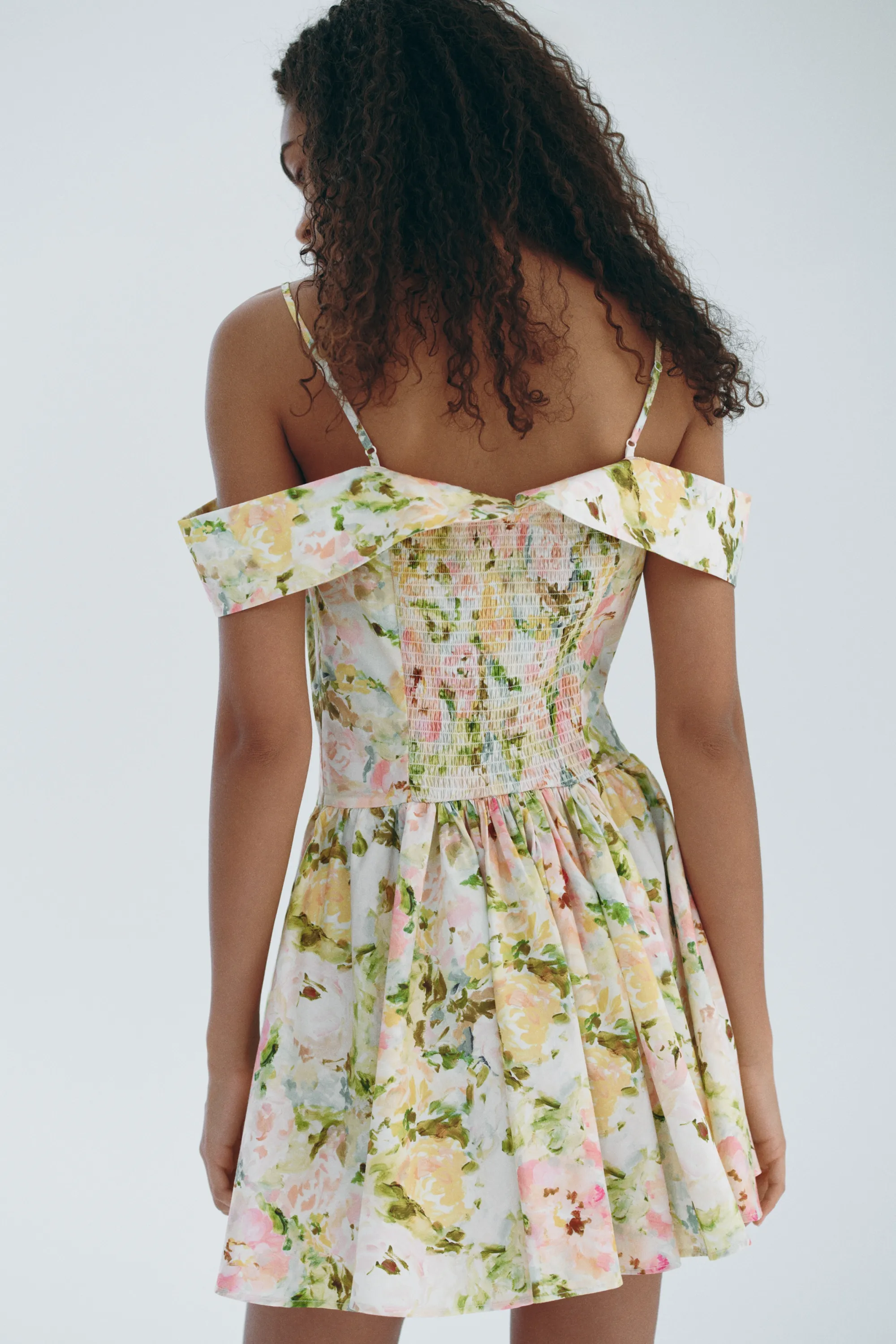 Robe avec épaules dénudées en popeline - Rose clair/fleuri